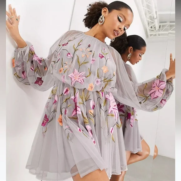 ASOS Edition mesh long sleeve mini dress with floral embroidery in blush - Picture 2 of 4